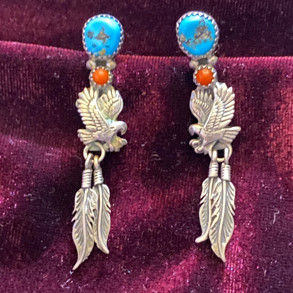 BEGAY Signed Turquoise Coral Dangle Earrings